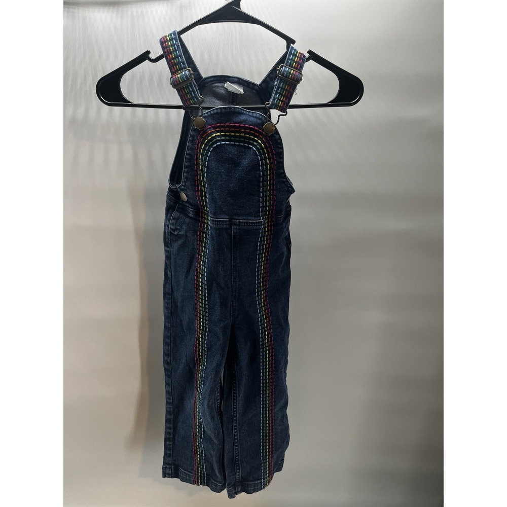 Hannah Andersson Denim‎ Overalls Unisex Toddler SZ 4 100 Rainbow Stitching